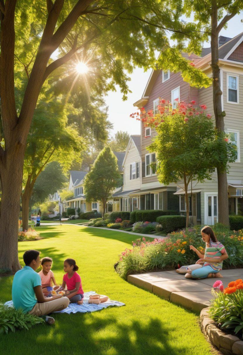 A serene neighborhood scene showcasing diverse families enjoying their time in Park Estates, with children playing in a lush park, friendly neighbors chatting, and vibrant gardens in well-maintained homes. Sunlight filtering through trees creates a warm, inviting atmosphere. Include elements of community events like a small picnic or outdoor gathering. bright colors. super-realistic.