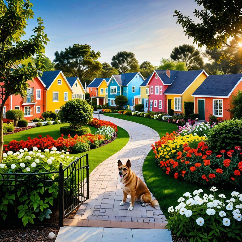 A picturesque gated community with colorful houses surrounded by lush greenery and blooming flowers, showcasing happy residents enjoying leisure activities like gardening and outdoor games. Children play in a safe park area, and a friendly dog joins in the fun. The sun sets in the background, casting a warm golden glow over the scene, creating an inviting and cheerful atmosphere. super-realistic. vibrant colors.